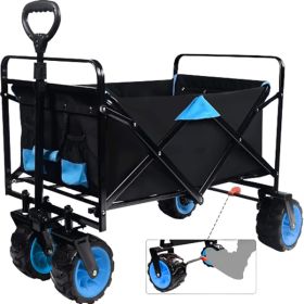 Collapsible Heavy Duty Beach Wagon Cart Outdoor Folding Utility Camping Garden Beach Cart with Universal Wheels Adjustable Handle Shopping (black&blue