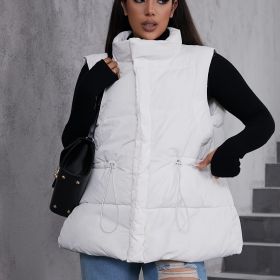 Plus Size Solid High Neck Puffer Down Vest; Women's Plus Elegant Ruched Back Winter Down Vest (Color: Ivory White, size: 2XL(16))