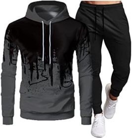 Men's Sweatshirt Tracksuit Pullover Hoodie Jogging Pants 2 Pieces Set (Color: GRAY-L)