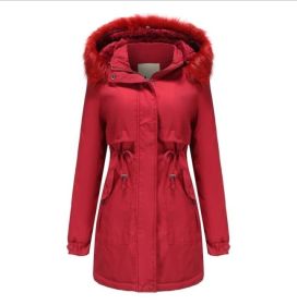 Hooded Warm Thicken Fleece Lined Long Coats (Color: Red, size: L)