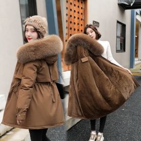 2022 New Winter Jacket Women Parka Fashion Long Coat Wool Liner Hooded Parkas Slim With Fur Collar Warm Snow Wear Padded Clothes (Color: Brown, size: XXXL)