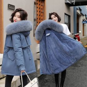 2022 New Winter Jacket Women Parka Fashion Long Coat Wool Liner Hooded Parkas Slim With Fur Collar Warm Snow Wear Padded Clothes (Color: Blue, size: XXXL)