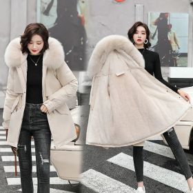 2022 New Winter Jacket Women Parka Fashion Long Coat Wool Liner Hooded Parkas Slim With Fur Collar Warm Snow Wear Padded Clothes (Color: off white, size: M)