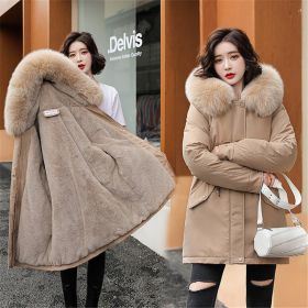 2022 New Winter Jacket Women Parka Fashion Long Coat Wool Liner Hooded Parkas Slim With Fur Collar Warm Snow Wear Padded Clothes (Color: Khaki, size: M)