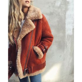 Autumn Winter Women Fashion Warm Fur Coat Casual Style Zipper Motorcycle Leather Coat Jacket Winter Outwear (Color: brick red, size: L)