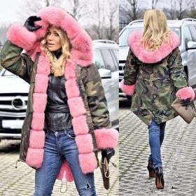 New Women Parka Casual Outwear Hooded Coat Fur Coats Manteau Female Woman Clothes Plus Size S-5XL (Color: camouflage green & gray, size: XXL)