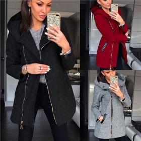 Autumn and Winter New Women's High Collar Colorblock Zipper Long Sleeve Hooded Sweater (Color: Grey, size: M)