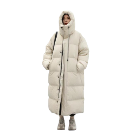 Women's Long Down Coat Parka Jacket (Color: Beige, size: S)