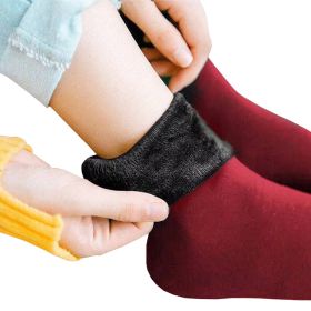 5 Pairs New Velvet Women Winter Warm Thicken Thermal Socks Soft Casual Solid Color Sock Wool Cashmere Home Snow Boots Floor Sock (Color: Red wine, size: 5-Pairs)