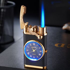 Lighter With Electric Watch Rocker Arm Automatic Ignition Straight Blue Flame Lighter Creative Real Dial Inflatable Windproof Lighter Men's Watch Gift (Color: Black matte)