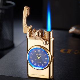 Lighter With Electric Watch Rocker Arm Automatic Ignition Straight Blue Flame Lighter Creative Real Dial Inflatable Windproof Lighter Men's Watch Gift (Color: Gold)