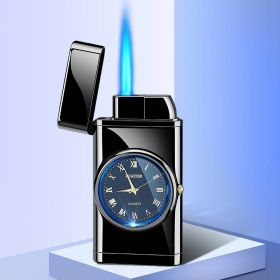 Lighter With Electric Watch Rocker Arm Automatic Ignition Straight Blue Flame Lighter Creative Real Dial Inflatable Windproof Lighter Men's Watch Gift (Color: A black ice)