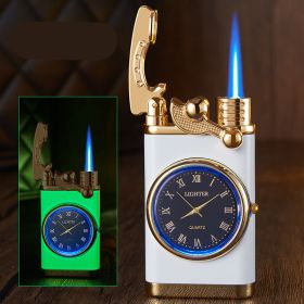 Lighter With Electric Watch Rocker Arm Automatic Ignition Straight Blue Flame Lighter Creative Real Dial Inflatable Windproof Lighter Men's Watch Gift (Color: Luminous white)