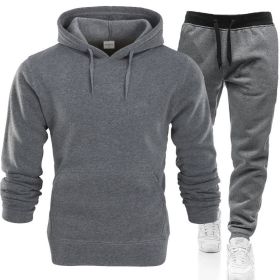 Autumn and winter men's pullover plush hoodie sweater suit solid casual sports suit (Color: Drak gray, size: 2XL)