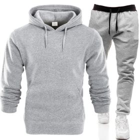 Autumn and winter men's pullover plush hoodie sweater suit solid casual sports suit (Color: Light gray, size: XL)