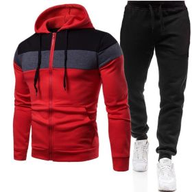 New triple color zipper sweater suit for men's sports leisure oversize loose sweater suit (Color: Red, size: L)