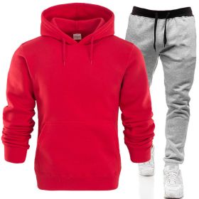 Autumn and winter men's pullover plush hoodie sweater suit solid casual sports suit (Color: Red, size: XL)