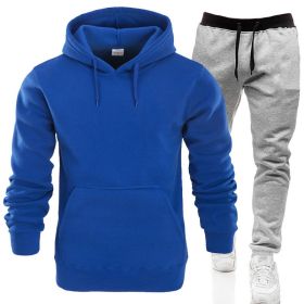 Autumn and winter men's pullover plush hoodie sweater suit solid casual sports suit (Color: Blue, size: S)