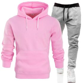 Autumn and winter men's pullover plush hoodie sweater suit solid casual sports suit (Color: Pink, size: L)