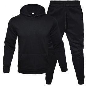 Autumn and winter men's pullover plush hoodie sweater suit solid casual sports suit (Color: Black, size: L)