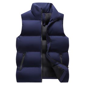 Winter new down vest large size loose casual sports vest men's solid color warm down cotton vest coat sportswear (Color: Drak blue, size: XXL)