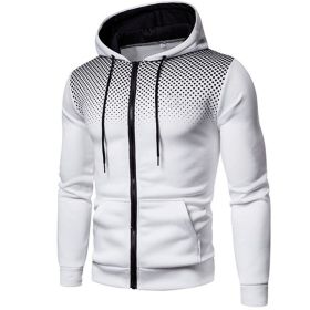 Men's polka dot zipper hoodie sweater Autumn and winter plush warm hoodie hoodie sweatshirt (Color: White, size: L)