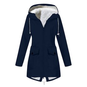 Autumn and winter new women's plus velvet jacket outdoor mountaineering clothes hooded jacket waterproof coat (Color: dark blue, size: XXXXL)