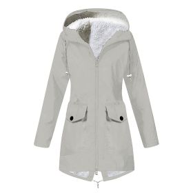 Autumn and winter new women's plus velvet jacket outdoor mountaineering clothes hooded jacket waterproof coat (Color: Khaki, size: M)