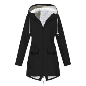 Autumn and winter new women's plus velvet jacket outdoor mountaineering clothes hooded jacket waterproof coat (Color: Black, size: XXXXL)