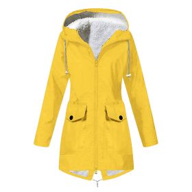 Autumn and winter new women's plus velvet jacket outdoor mountaineering clothes hooded jacket waterproof coat (Color: Yellow, size: L)