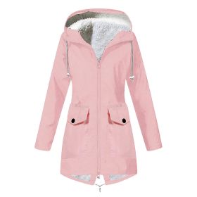 Autumn and winter new women's plus velvet jacket outdoor mountaineering clothes hooded jacket waterproof coat (Color: Pink, size: XL)