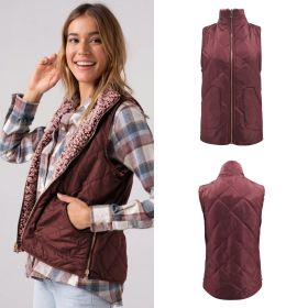 Women's Winter Cotton Vest Hot New Autumn and Winter Double-faced Pocket Women's Vest (Color: Burgundy, size: L)