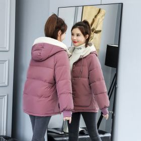 New Cotton-padded Jacket Women's Winter Short Loose Down Padded Jacket Ladies Padded Jacket Loose Hooded Jacket (Color: Dark pastel red, size: S)