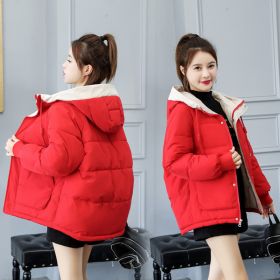 New Cotton-padded Jacket Women's Winter Short Loose Down Padded Jacket Ladies Padded Jacket Loose Hooded Jacket (Color: Red, size: L)