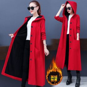 autumn and winter new women's solid color long large size loose coat fashionable all-match hooded windbreaker (Color: Red, size: L)