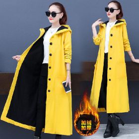 autumn and winter new women's solid color long large size loose coat fashionable all-match hooded windbreaker (Color: Yellow, size: XXL)