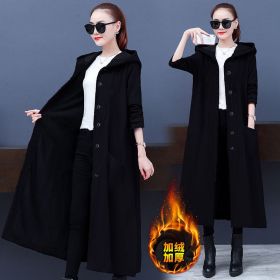 autumn and winter new women's solid color long large size loose coat fashionable all-match hooded windbreaker (Color: Black, size: XXL)