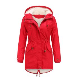 Women Fleece Coat Drawstring Hooded Cotton Jacket (Color: Red, size: 2XL)