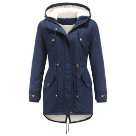 Women Fleece Coat Drawstring Hooded Cotton Jacket (Color: Navy, size: S)