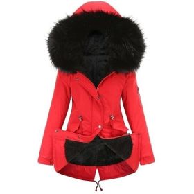 Women Drawstring Hooded Fleece Cotton Coat Outdoor (Color: Red, size: XL)