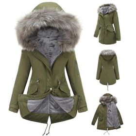 Women Drawstring Hooded Fleece Cotton Coat Outdoor (Color: Green, size: S)