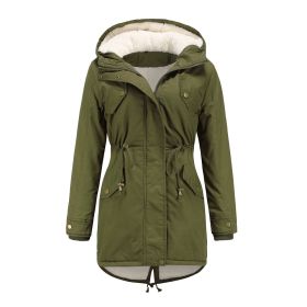 Women Fleece Coat Drawstring Hooded Cotton Jacket (Color: Green, size: L)