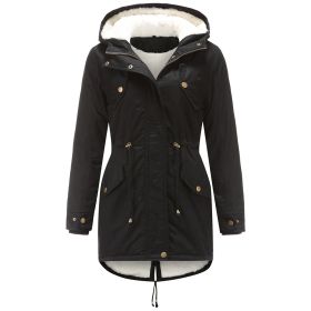 Women Fleece Coat Drawstring Hooded Cotton Jacket (Color: Black, size: S)