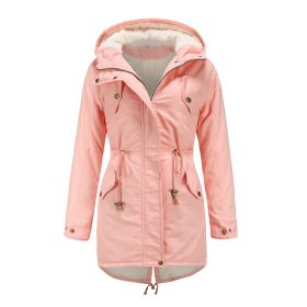 Women Fleece Coat Drawstring Hooded Cotton Jacket (Color: Pink, size: 2XL)