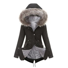 Women Drawstring Hooded Fleece Cotton Coat Outdoor (Color: Black, size: L)